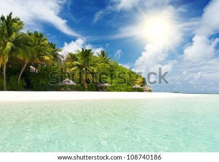 Beautiful tropical paradise in Maldives with coco palms hanging over the white and turquoise sea and sun