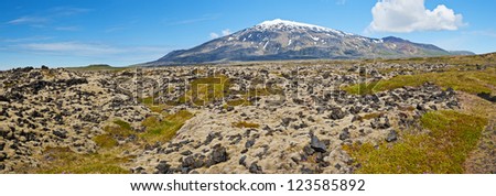 Volcano Snaefell on the western end of Icelandic peninsula Snaefellsnes is covered by a glacier Snaefellsjokull, panoramic photo