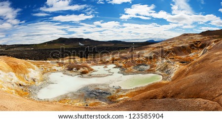 Leirhnjukur is the hot geothermal pool at Krafla area, Iceland. The area around the lake is multicolored and cracked.