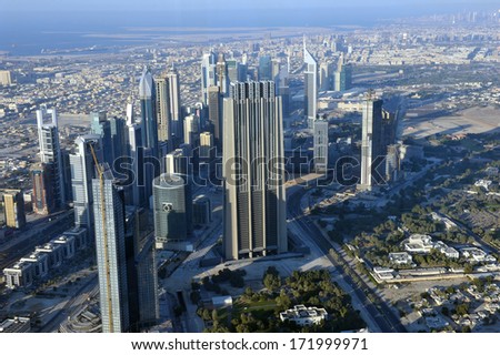 Aerial view of Dubai downtown with modern skyscrapers, Dubai - United Arab Emirates