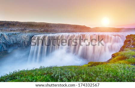 Dettifoss is the most powerful waterfall on Iceland and in the whole Europe. It is located in Jokulsargljufur National Park the northeasten Iceland on the river Jokulsa a Fjollum.