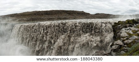 Dettifoss is the most powerful waterfall on Iceland and in the whole Europe. It is located in Jokulsargljufur National Park the northeasten Iceland on the river Jokulsa a Fjollum. Panorama