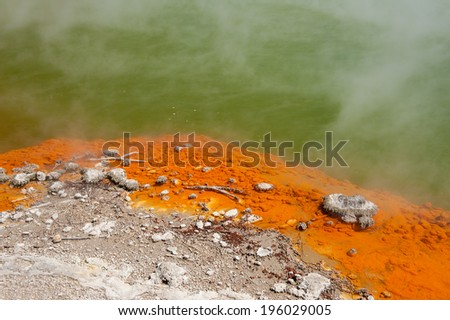 Detail of steaming spring with bubbles champagne pool in Wai-O-Tapu geothermal area, Rotorua, New Zealand