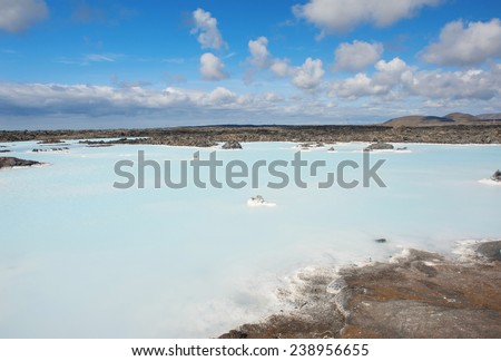 Blue water of the famous Icelandic Blue Lagoon spa is produced by near geothermal plant. The spa is located on Reykjanes peninsula not far from Keflavik airport and Reykjavik capital, Iceland.