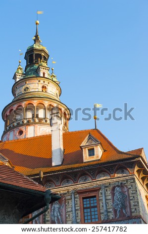 Famous round tower in historical city of Cesky Krumlov (Unesco Heritage), Czech Republic