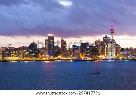 Skyline photo of the biggest city in the New Zealand, Auckland. The photo was taken after sunset across the bay