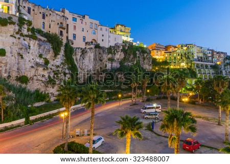 Famous historical sea resort town of Tropea in Calabria region, Southern Italy. Evening photo