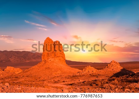 Trona Pinnacles are nerarly 500 tufa spires hiddeen in California Desert National Conservation Area, not far from the Death Valley National Park, California, USA. Sunset