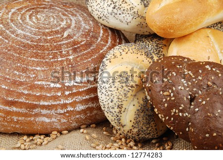 Various fresh baked goods with wheat grain