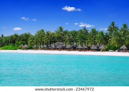 Tropical paradise in Maldives with white beach full of palms and umbrellas and turquoise sea