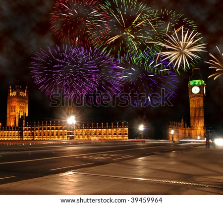 Fireworks London New Years Eve. stock photo : New Year