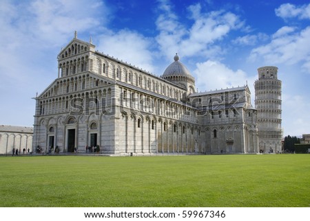 Leaning Tower of Pisa in Italy with cathedral