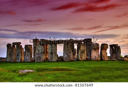 Historical monument Stonehenge not far from town of Amesbury at sunset, England. HDR