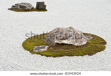 Zen Rock Garden in Ryoanji Temple.In a garden there are fifteen stones on white gravel. Kyoto.Japan.