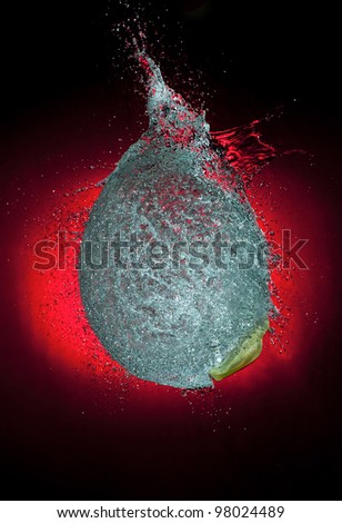 The balloon full of water is frozen in the moment of its explosion on the red background. High speed photography