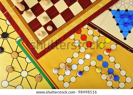 Various board games of ludo, halma, chess and fox and geese