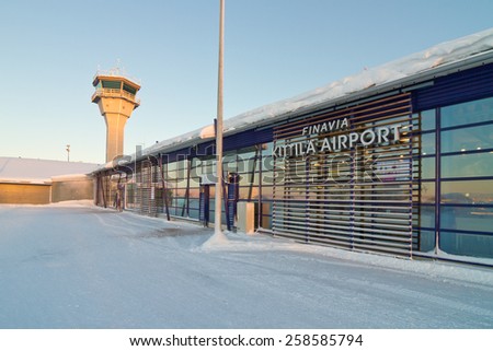 Kittila, Finland - January 19, 2015: Airport tower and airport terminal building in Kittila - gateway to Lapland in Finland. One of the fastest growing airports in Finland.