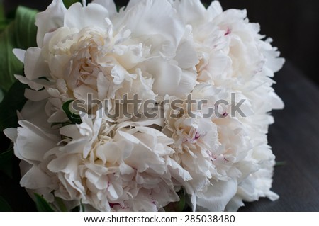 fresh white peonies on rustic wooden background