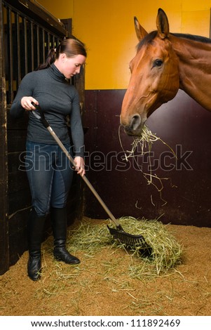 Woman feeding horse in the stall, vertical format