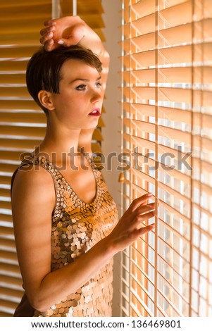 Young sexy brunette and venetian blind, warm light