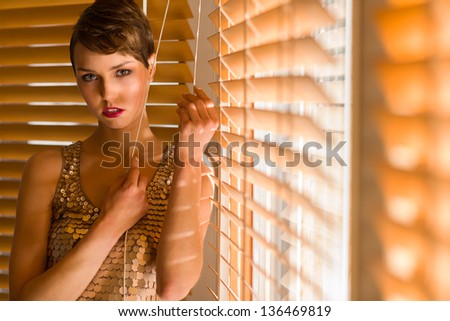 Young sexy brunette and venetian blind, warm light