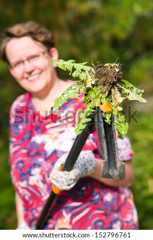 Smiling woman pulling weeds out, dandelion with a roots, vertical format
