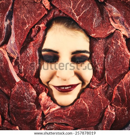 Beautiful woman expression face with beef frame, cross-processed image