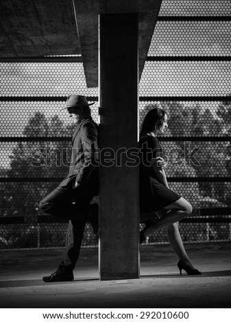 Relationship, differences between man and woman, urban theme, black and white image, soft focus