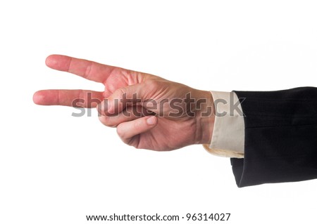 Man showing two fingers, suit sleeve and white isolated background.