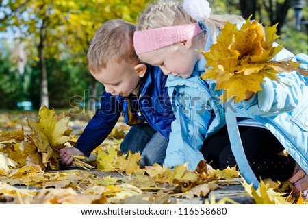 Two cute young children kneeling on the ground in a park searching for perfect autumn leaves to add to their collection