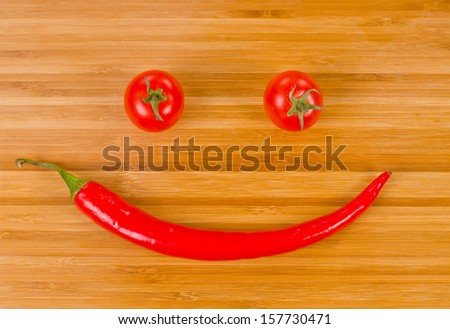 Vegetable face formed from a whole fresh red hot chilli pepper for a mouth, fun food background