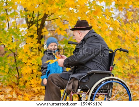 Elderly disabled man sitting in a wheelchair playing with his cute young grandson collecting colourful autumn leaves in the park