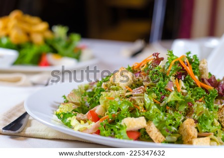 Plate of healthy leafy green mixed salad with golden fried crispy croutons with fresh lettuce, tomato, carrots and herbs