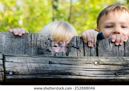 Two children, a little blond girl and boy, standing side by side peeking over an old rustic wooden fence with just their eyes visible