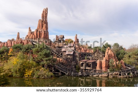 France , Paris- 31 October 2015 : Frontier lands attraction Big Thunder Mountain at Disneyland Paris