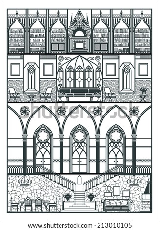 house interior in gothic style silhouette. Vector illustration