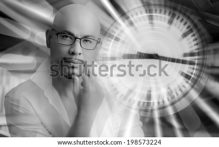 B&W smart man thinking date time plan clock hasten ,cool man wear shirt and glasses with clock speed background ,black color