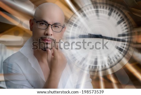 smart man thinking date time plan clock hasten background blur and move ,cool man wear shirt and glasses with clock speed background ,white ,orange ,black
