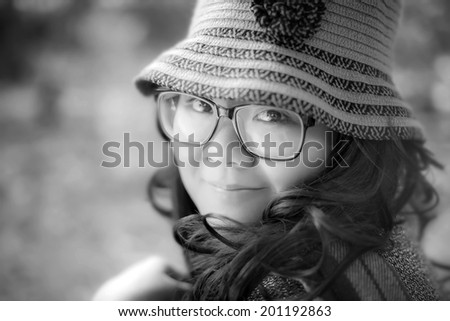 Black and white Pretty fat Asian woman eyeglasses nice curl-hair look to camera background