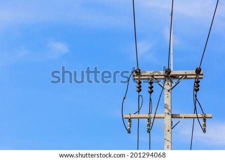 electricity post on blue sky background electricity post cable or wire to house peoples