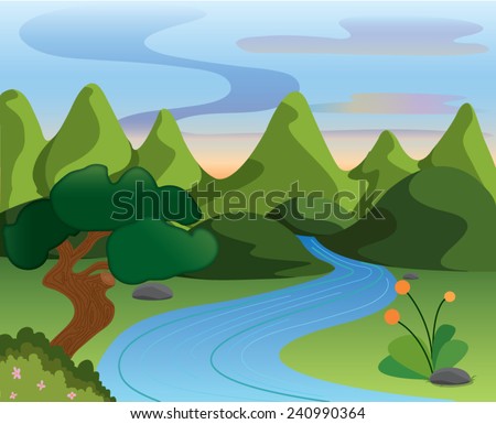 mountain landscape canal from waterfall with plant ,sunset colorful sky beautiful