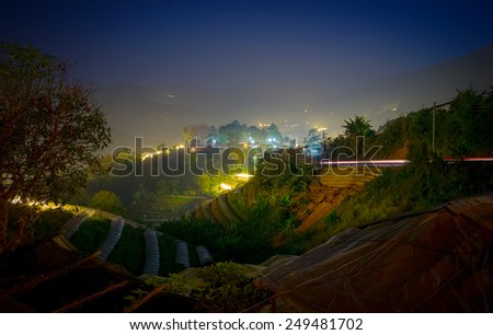 Beautiful night city  flower garden Planted at night Special lighting  Valley  yellow bright shine with mountain countryside ,blue sky and star twinkle