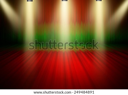 Red and green curtain stage  beautiful  3 downlight  light bright shine on floor shadow, warm yellow light in the empty room