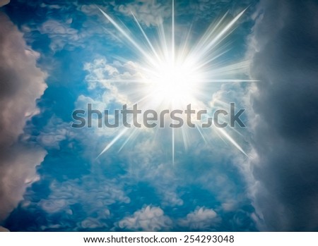 Oil painter style dramatic blue sky with clouds and sun rays\
Blue sky with clouds and sun