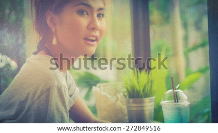 Oil painting texture style adult woman looking someone with call ,texture vintage color olive skin beautiful woman Asia at coffee cafe drinking sit bar