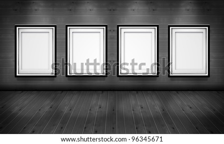 Empty picture frames in the art gallery wood room black and white