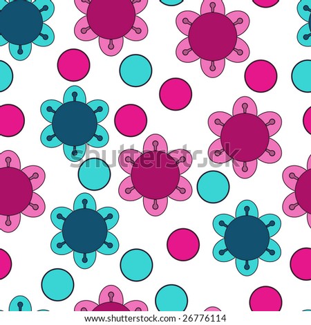 Colorful Stylized Flowers And Polka Dots Seamless Background Pattern
