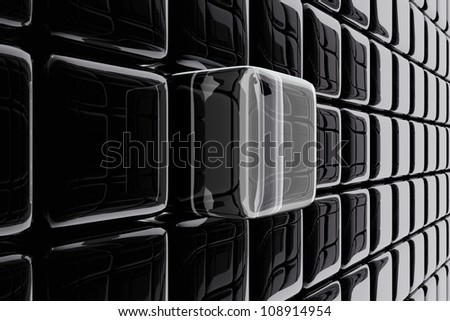 Abstract composition of transparent box fitting into a wall of dark boxes