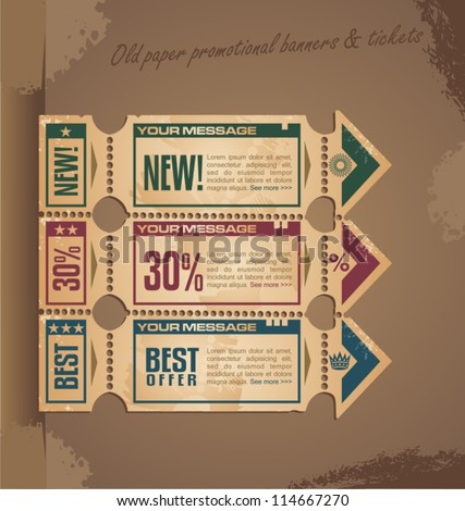Old paper vintage banner design with tickets and coupons Old paper vintage banner design with tickets and coupons