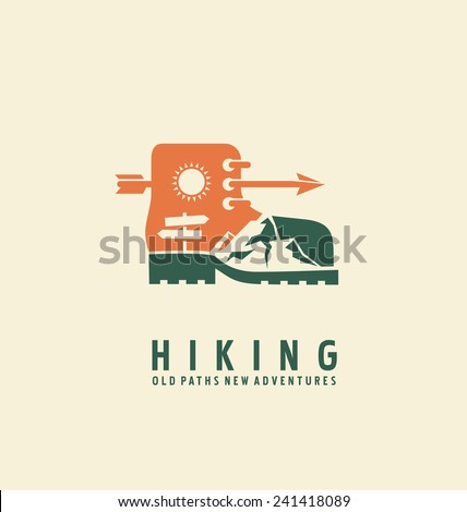 Hiking logo design template. Adventure symbol vector concept. Boot with landscape in negative space. Unique icon idea for recreation theme.